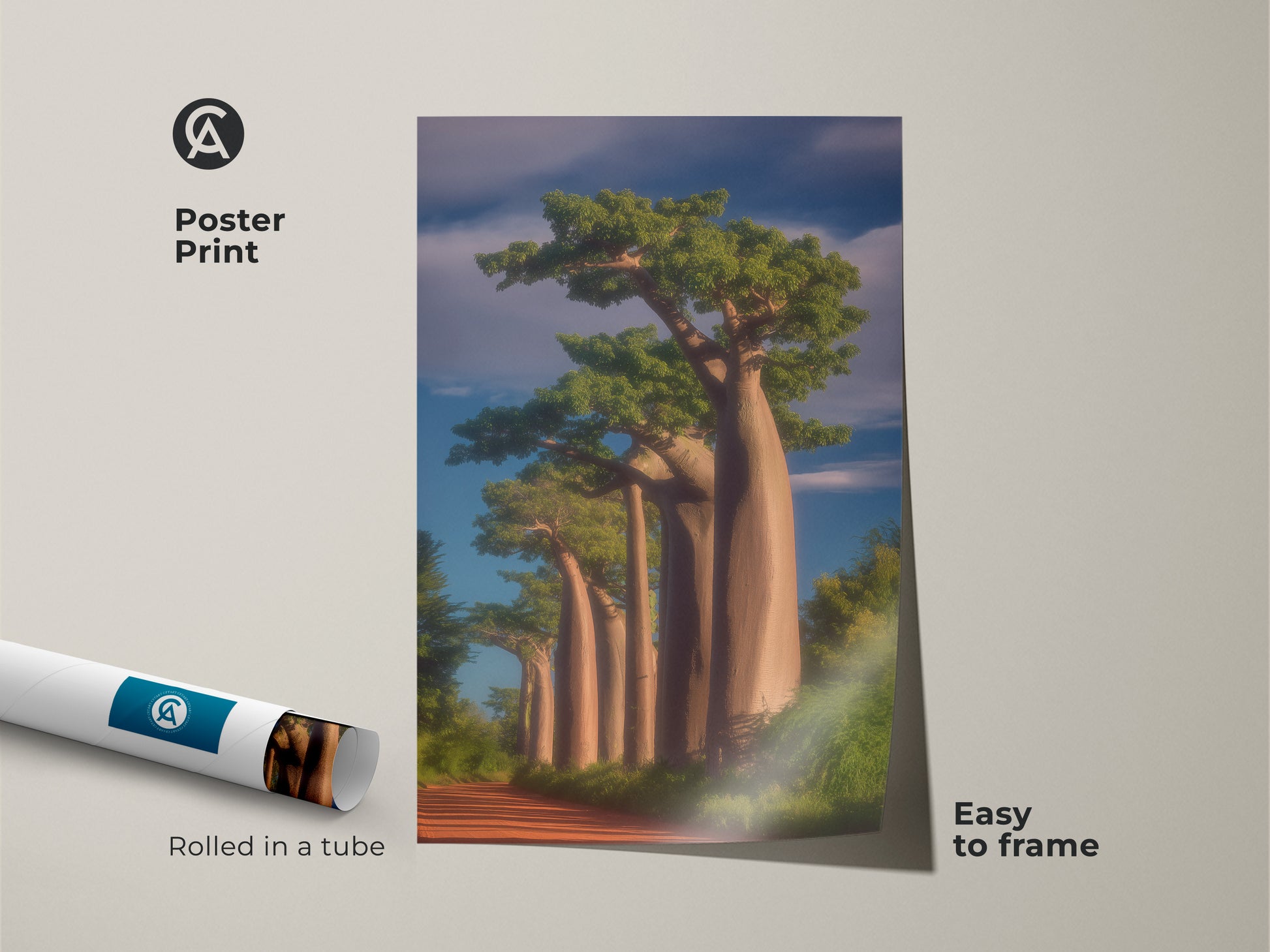 Poster print of a realistic Baobab tree. It features an African savanna landscape. Rolled in a tube this nature painting is easy to frame. It's ideal boho decor for a travel themed room. A unique nature gift.