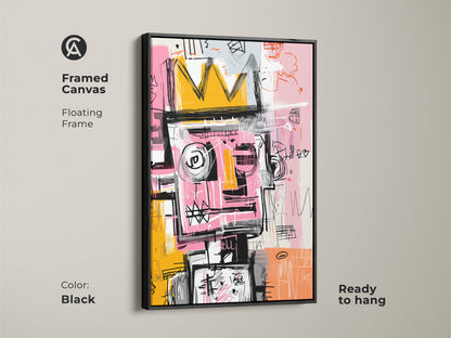 Black framed canvas featuring a vibrant abstract figure with a crown. The floating frame adds a touch of sophistication. This ready-to-hang artwork is a stylish statement piece for any space.