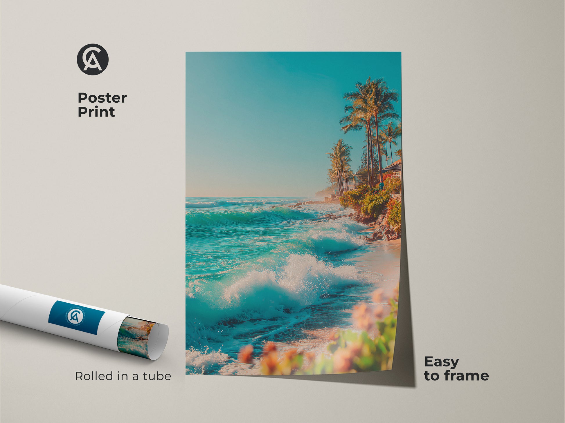 Poster print of a tropical beach scene with turquoise waves and palm trees. This museum-quality paper print is rolled in a tube for easy framing. Add a touch of coastal charm to your space with this vibrant beach artwork.