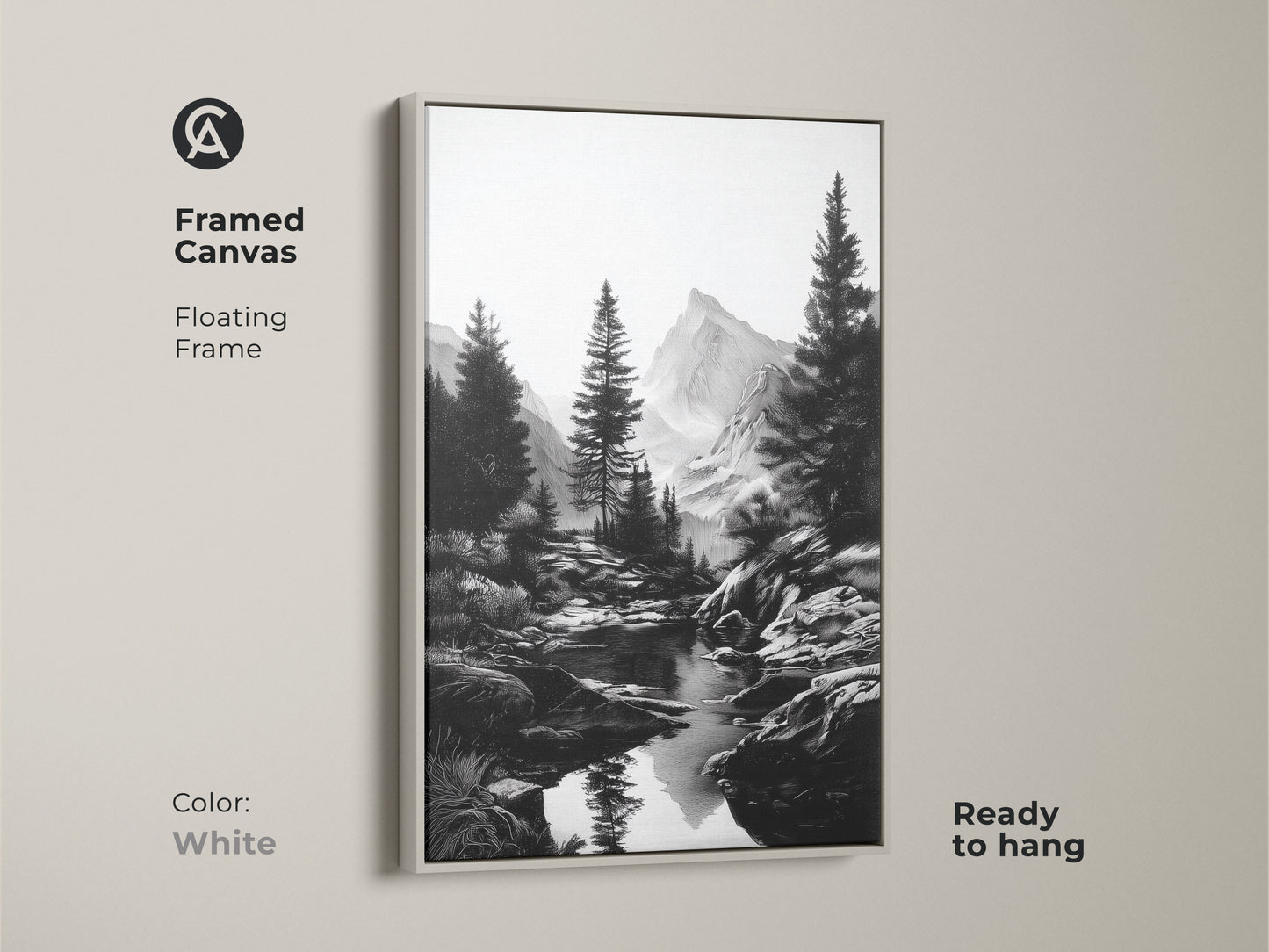Black and white mountain river art in a floating white frame. This framed canvas showcases a rustic pine tree landscape. Ready to hang the monochrome nature wall decor brings tranquility. Perfect gift for hikers and outdoor enthusiasts.
