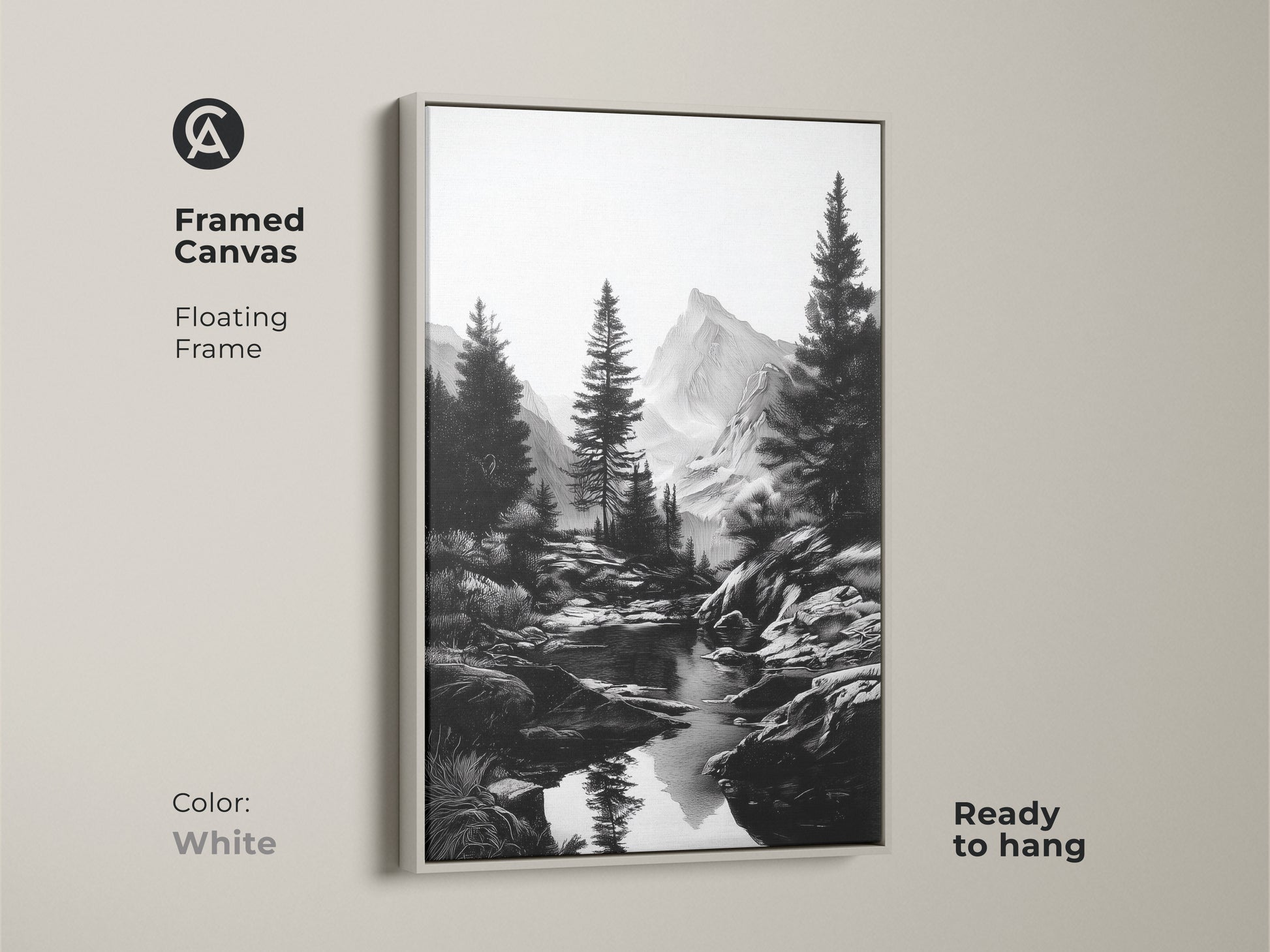 Black and white mountain river art in a floating white frame. This framed canvas showcases a rustic pine tree landscape. Ready to hang the monochrome nature wall decor brings tranquility. Perfect gift for hikers and outdoor enthusiasts.