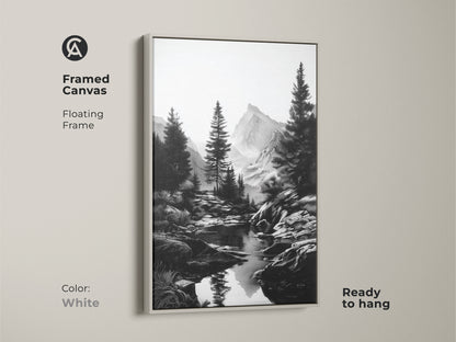 Black and white mountain river art in a floating white frame. This framed canvas showcases a rustic pine tree landscape. Ready to hang the monochrome nature wall decor brings tranquility. Perfect gift for hikers and outdoor enthusiasts.