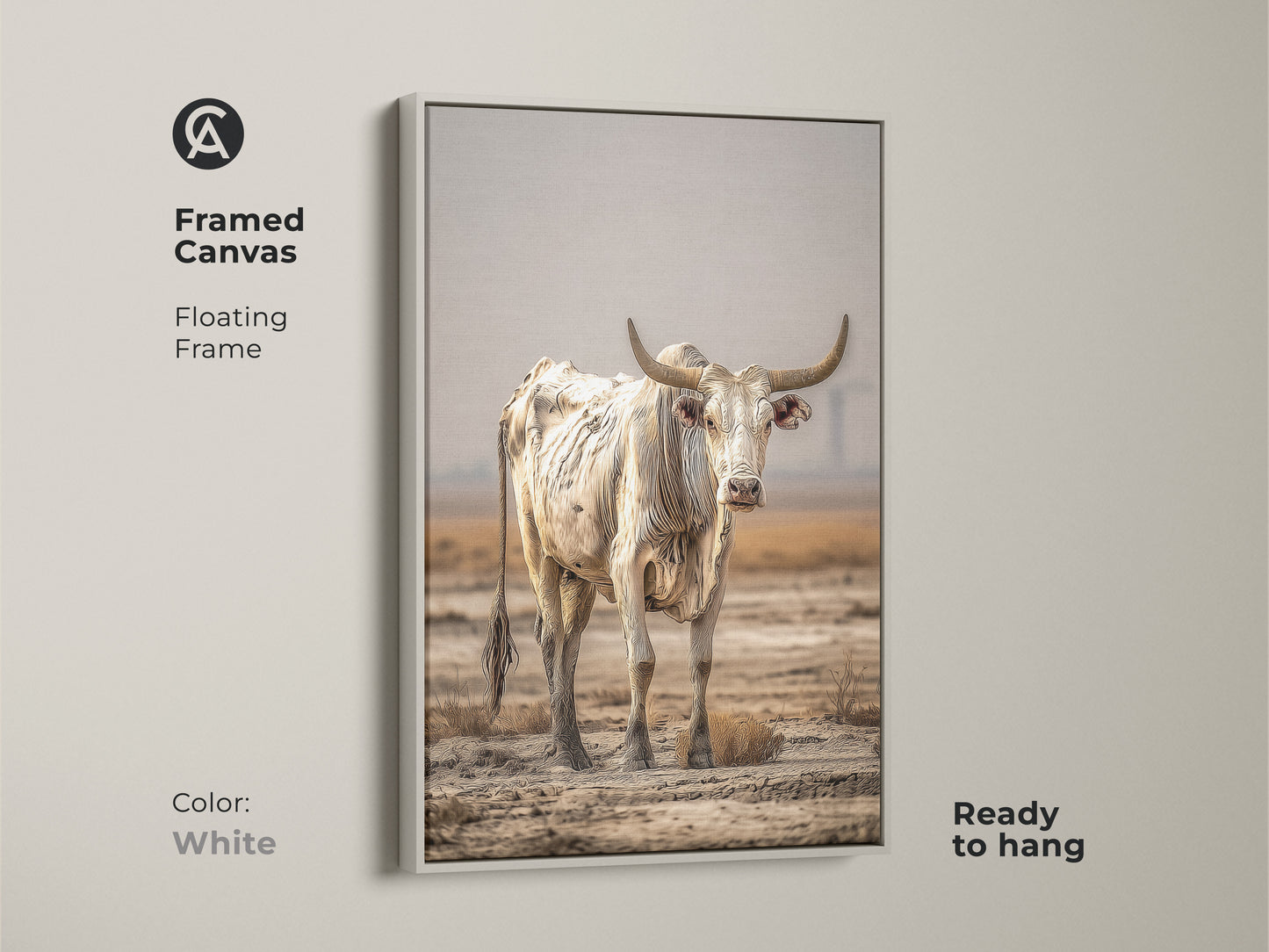 Framed Canvas art features a floating white frame. The cream and brown bull art is ready to hang. A bull portrait wall art enhances any space. The rustic cow wall decor is perfect farmhouse decor. This beige farm animal art is a great housewarming gift.