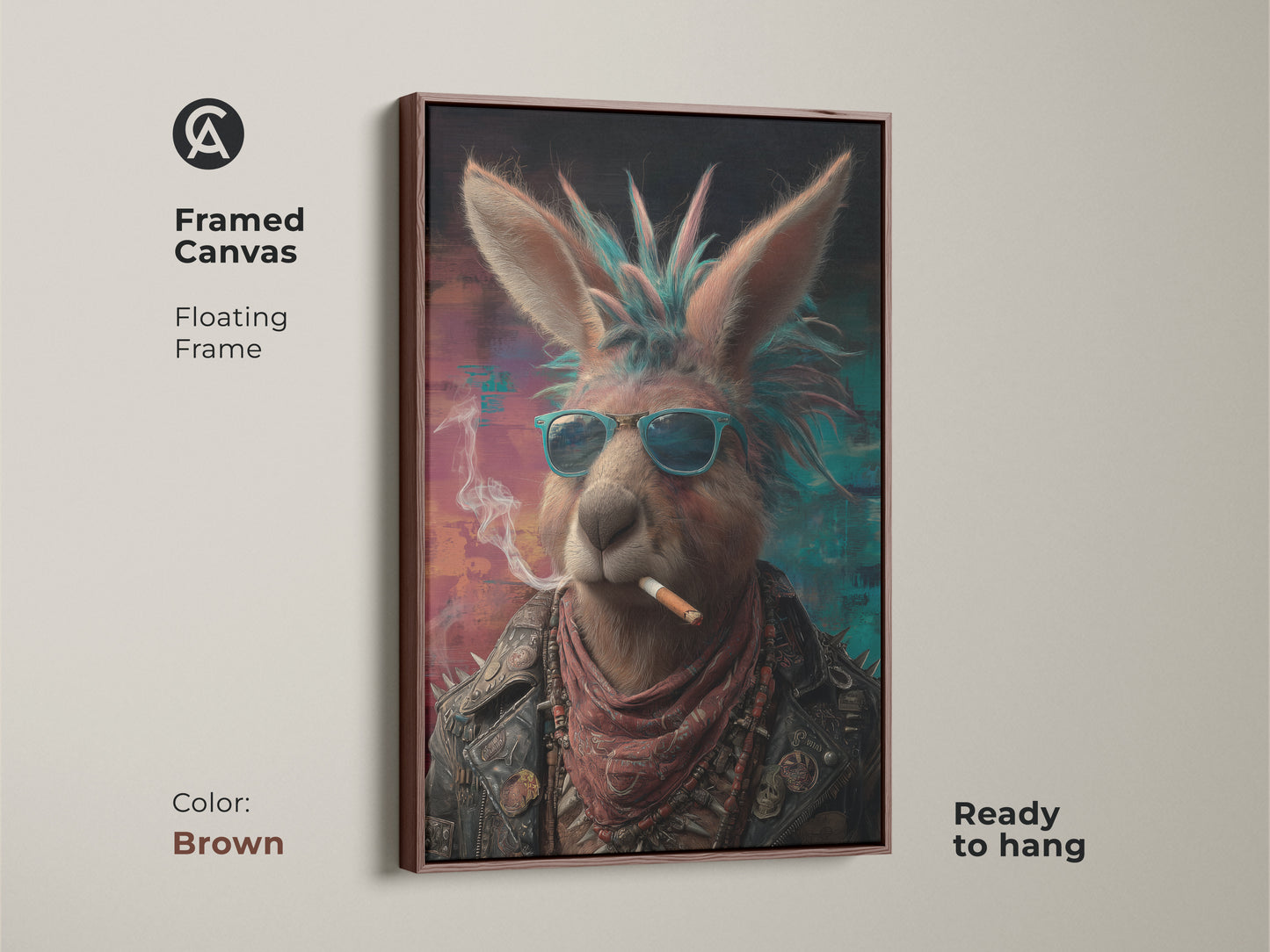 A framed canvas art piece featuring a Punk Kangaroo with a floating brown frame is shown. The artwork is ready to hang. The artwork shows an animal portrait of a kangaroo in a leather jacket and sunglasses. The rocker animal canvas print adds an urban eclectic style to your decor. This piece is a cool gift for him or any alternative music lover.