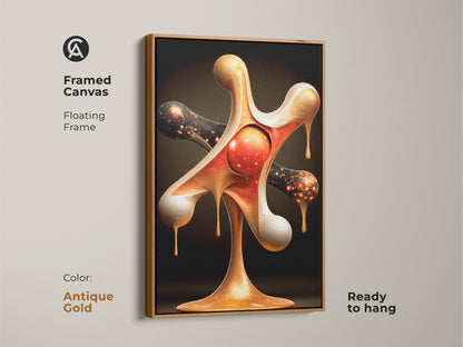 This framed canvas art in an antique gold floating frame showcases abstract nebula artwork. The surreal galaxy wall decor is ready to hang bringing contemporary fluid art to your home. This cosmic office artwork adds a touch of modern sci-fi and offers a unique celestial wall hanging. It is a statement piece.
