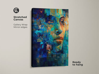 Stretched canvas gallery wrap featuring an abstract woman face print. The artwork features mirror edges. The art uses a blue teal abstract style. This expressive portrait artwork is ready to hang and adds a sophisticated touch to any home.