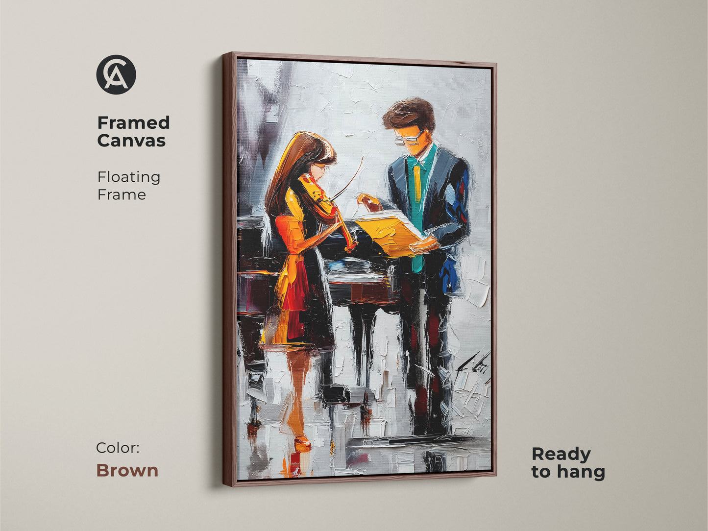 Framed canvas with a brown floating frame showcasing violin and piano artwork. This elegant teal blue orange wall art is ready to hang. It adds sophistication to any study room.