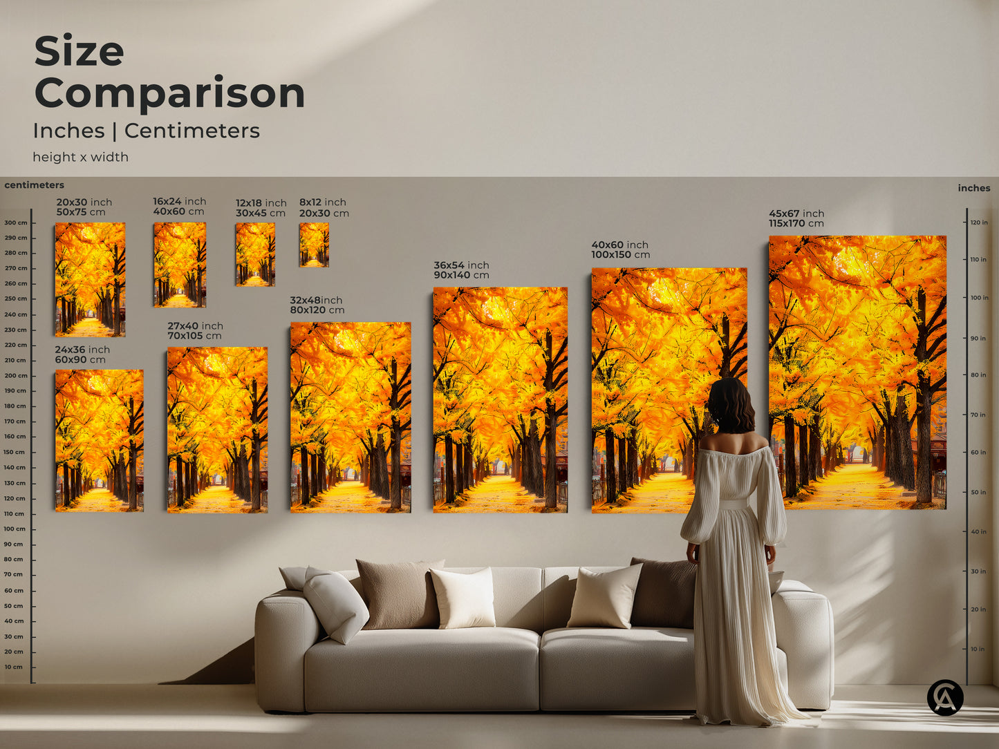 Size comparison of Gingko artwork in inches and centimeters. Artwork sizes range from 8x12 inches to 45x67 inches. See how each size transforms a living room. Find the perfect size for your home. Shop now!