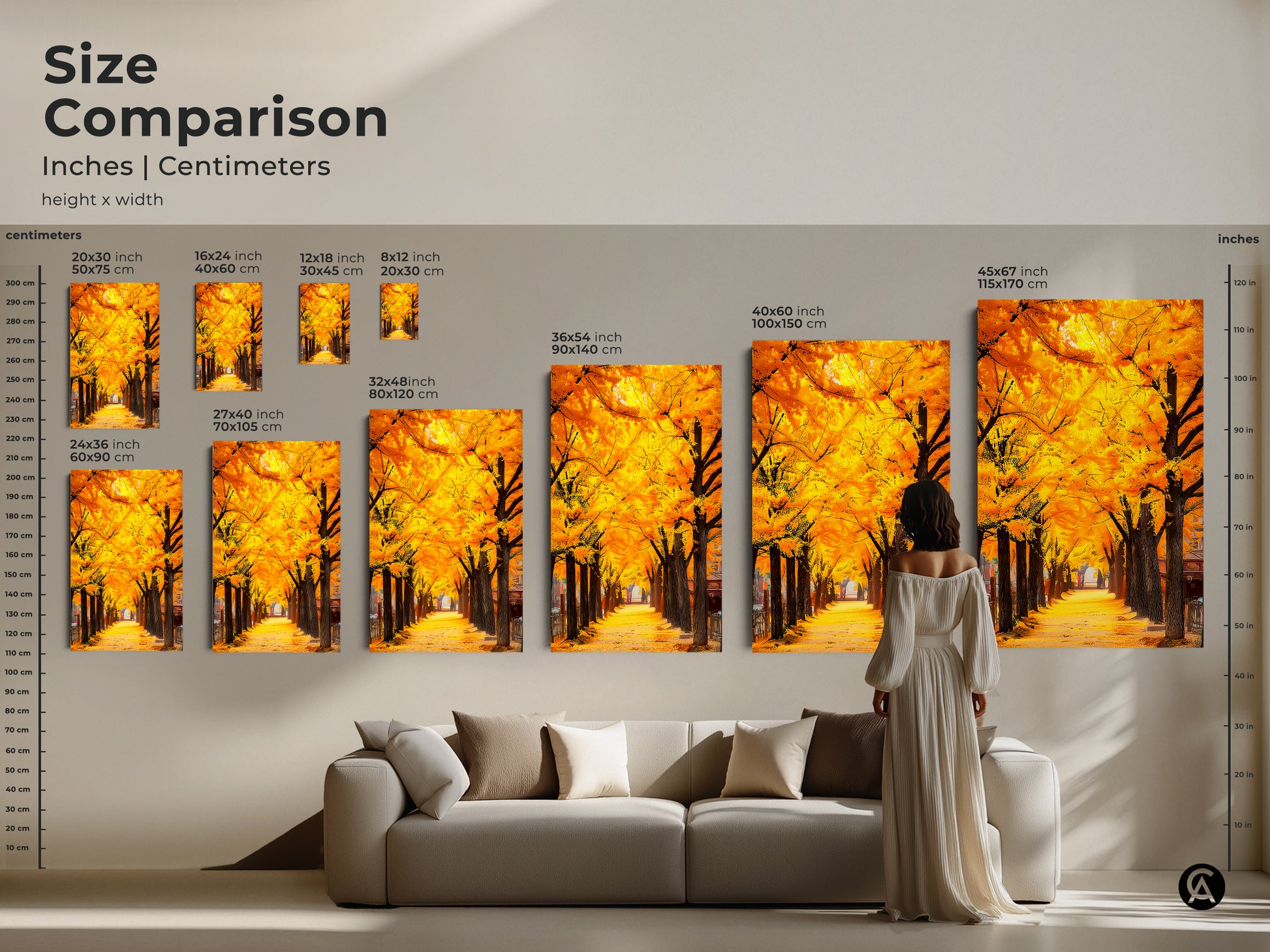 Size comparison of Gingko artwork in inches and centimeters. Artwork sizes range from 8x12 inches to 45x67 inches. See how each size transforms a living room. Find the perfect size for your home. Shop now!
