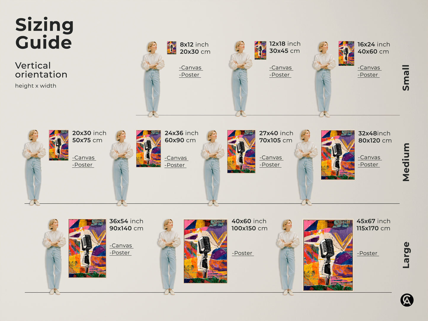 Sizing guide for the Retro Microphone Collage canvas and poster prints. Vertical orientation options are available in small medium and large sizes. Find the perfect fit for your home studio wall hanging.