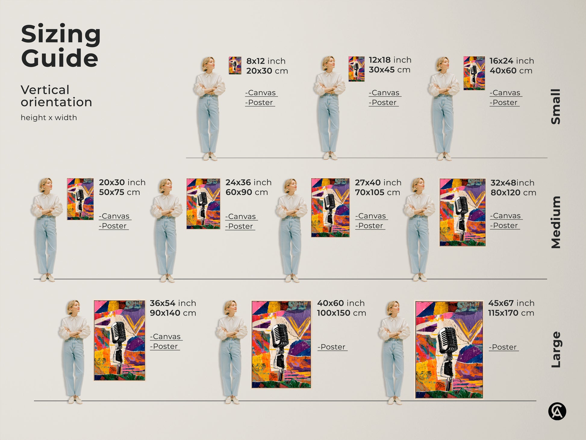 Sizing guide for the Retro Microphone Collage canvas and poster prints. Vertical orientation options are available in small medium and large sizes. Find the perfect fit for your home studio wall hanging.