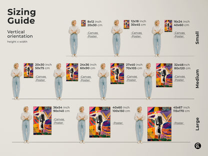 Sizing guide for the Retro Microphone Collage canvas and poster prints. Vertical orientation options are available in small medium and large sizes. Find the perfect fit for your home studio wall hanging.