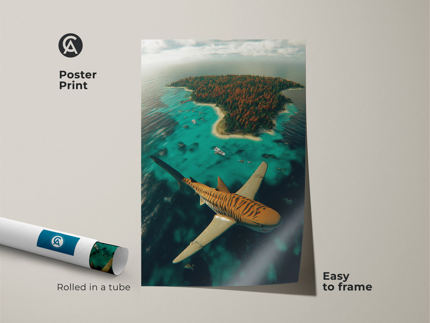 This poster print features a surreal ocean canvas. The art shows a tiger shark soaring over a tropical island. The aerial view shark art is easy to frame. This marine life artwork is perfect for eclectic wall hanging and adds a unique touch to your space.