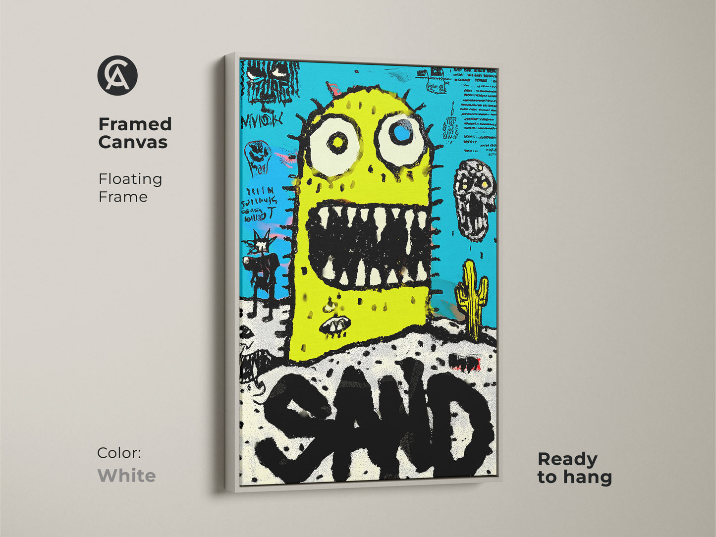 Framed canvas art showcasing a whimsical monster in the desert. White floating frame for a clean look. The artwork is ready to hang. It features a bright yellow monster against a vibrant blue background. The art is playful and vibrant. Ideal for modern home decor. Add to your collection today