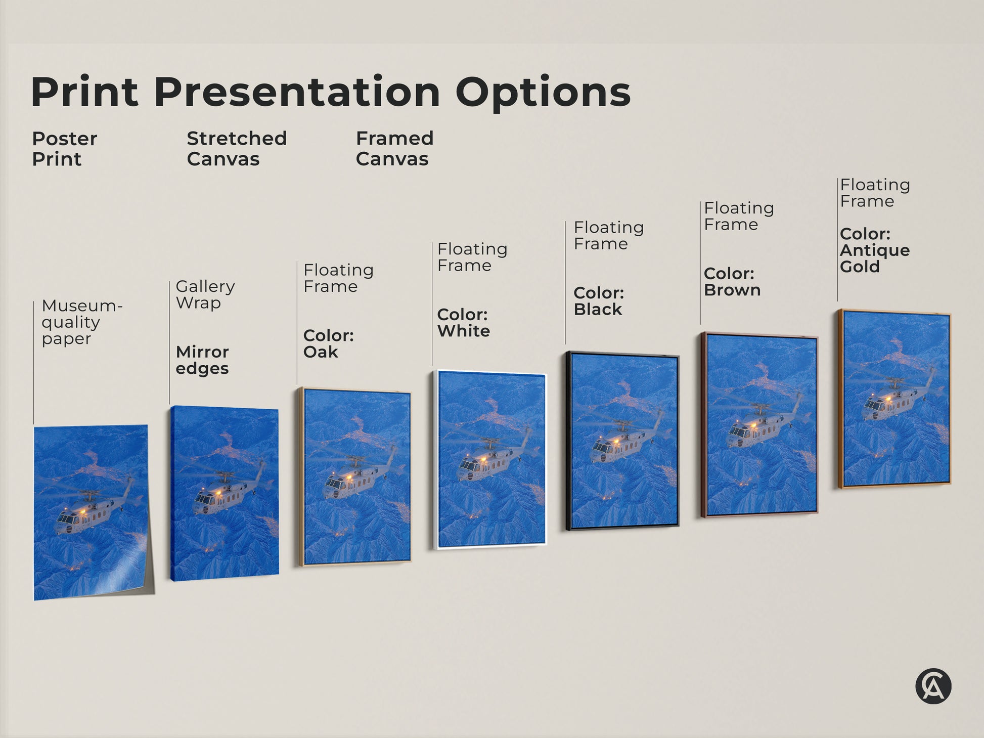 Explore print presentation options for helicopter artwork. Choose from poster prints stretched canvas and framed canvas. Floating frames are available in white black brown and antique gold to match your decor style.