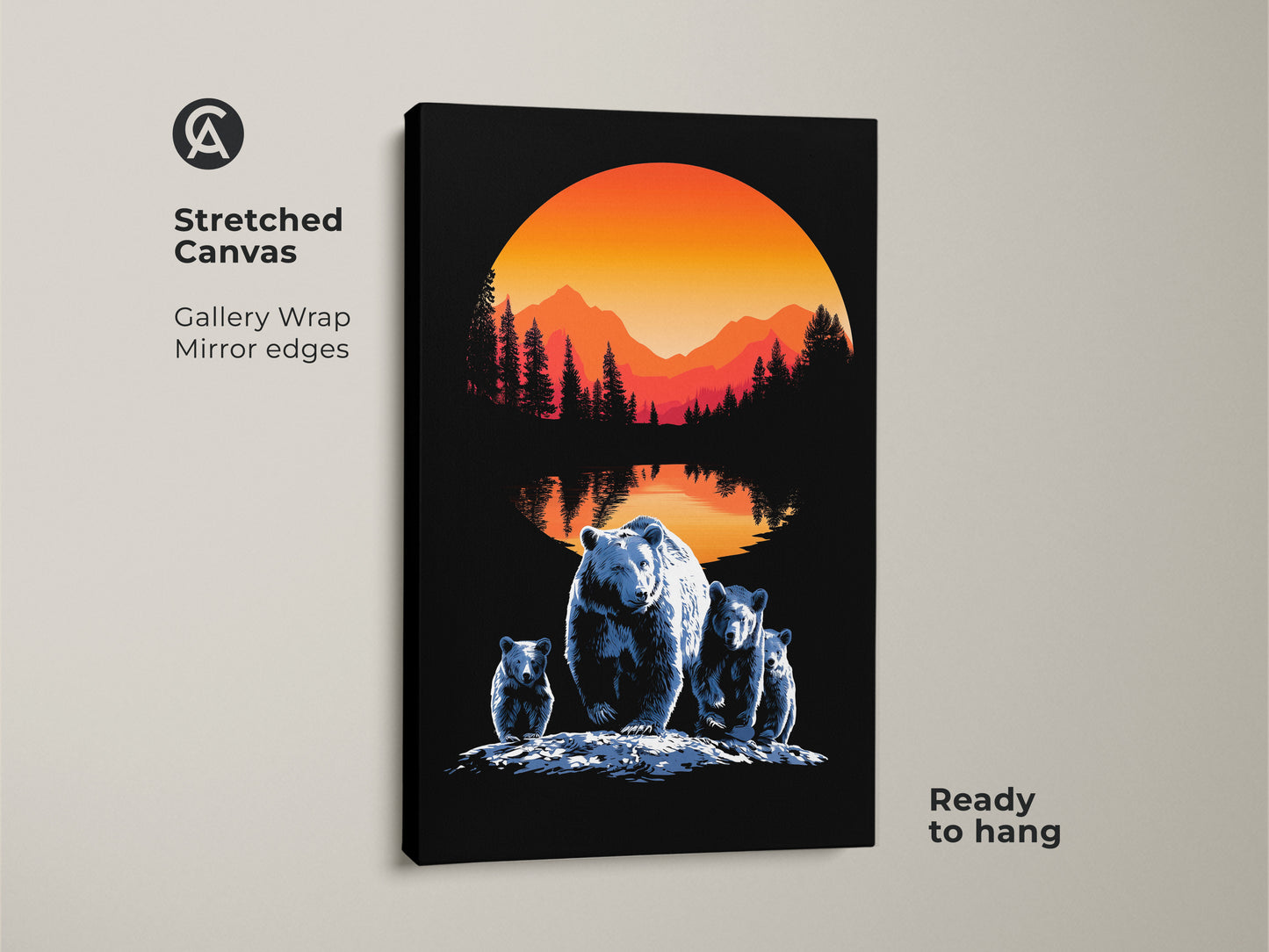 Stretched canvas of minimalist bear family wall art with gallery wrap and mirror edges displayed ready to hang. Sunset nature print showcases a flat design artwork style. The woodland landscape art makes a perfect housewarming gift print.