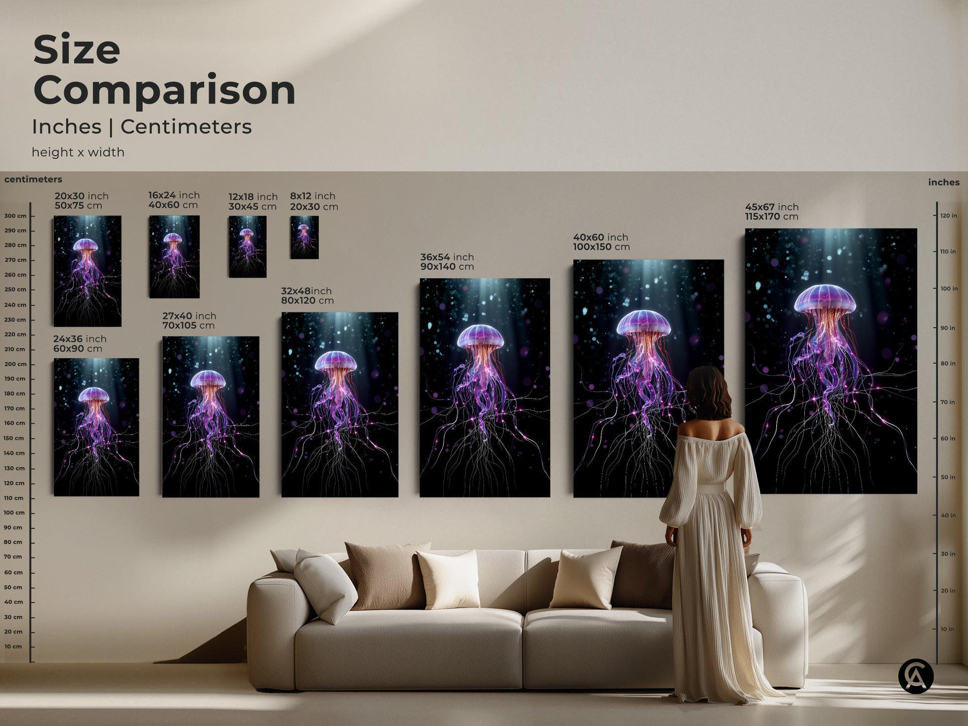 Size comparison of surreal jellyfish artwork in inches and centimeters. Perfect for planning your purple and teal ocean life art display. This contemporary digital art brings abstract fantasy to your living room creating a unique focal point.