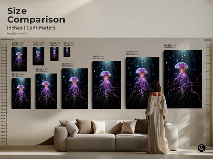 Size comparison of surreal jellyfish artwork in inches and centimeters. Perfect for planning your purple and teal ocean life art display. This contemporary digital art brings abstract fantasy to your living room creating a unique focal point.