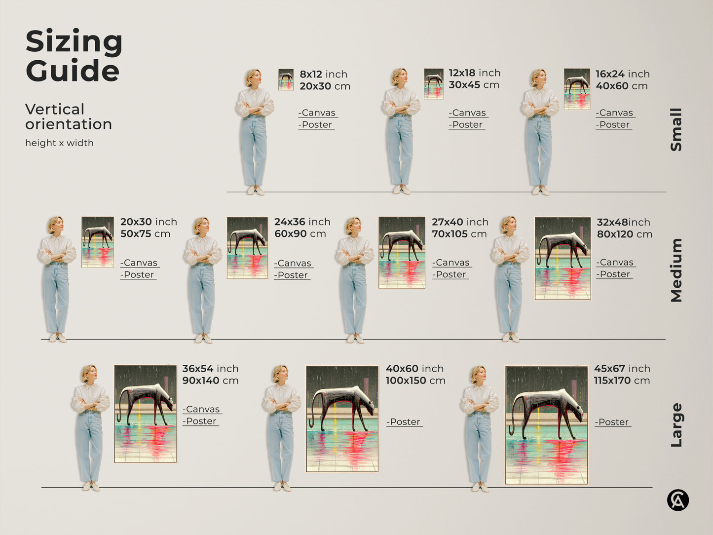 Sizing guide for vertical surreal panther art. Sizes range from small 8x12 to large 45x67 canvas and poster prints. Find the perfect fit. These prints will add eclectic style to your home. See how each size transforms a room.