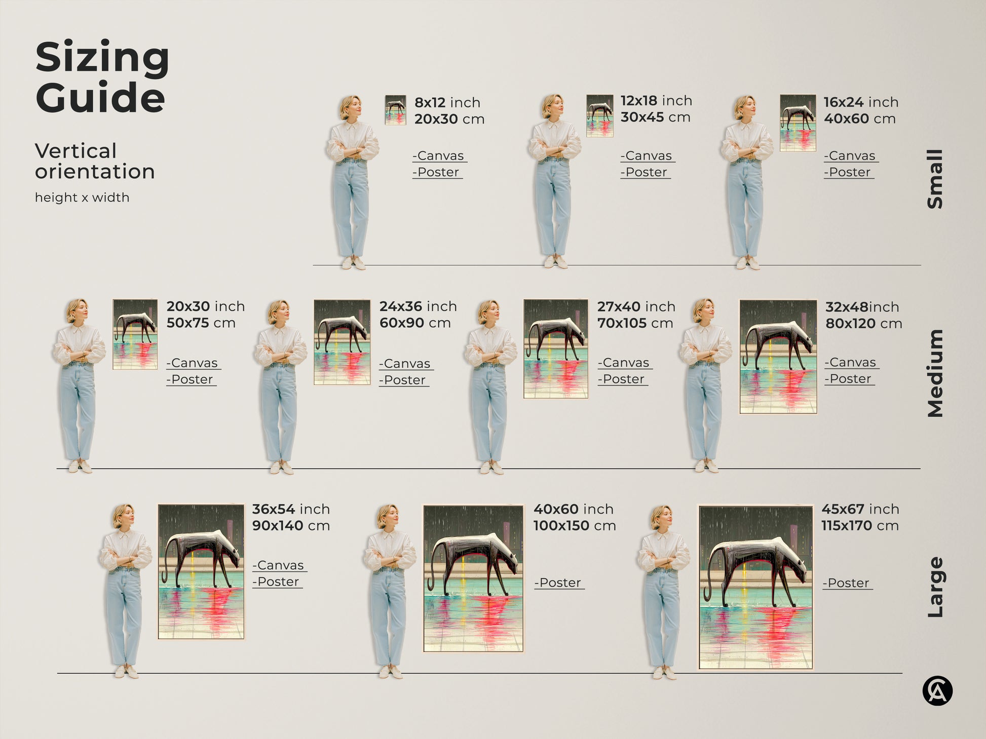 Sizing guide for vertical surreal panther art. Sizes range from small 8x12 to large 45x67 canvas and poster prints. Find the perfect fit. These prints will add eclectic style to your home. See how each size transforms a room.