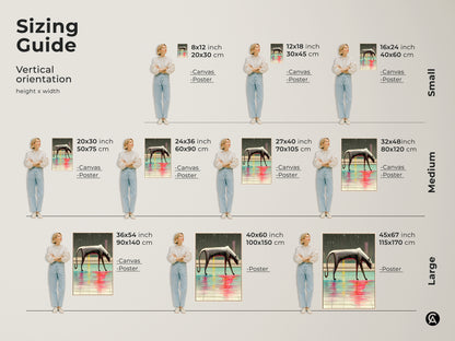 Sizing guide for vertical surreal panther art. Sizes range from small 8x12 to large 45x67 canvas and poster prints. Find the perfect fit. These prints will add eclectic style to your home. See how each size transforms a room.