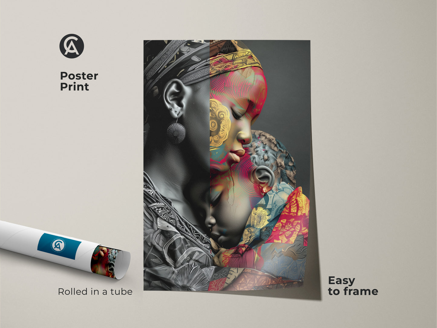 This poster print features 'Mother and Child' artwork. The abstract expressionist art is easy to frame. It is rolled in a tube for protection. The african patterned canvas print adds to contemporary wall decor. The gold red and teal colors make it perfect for eclectic home interiors. Enjoy this family love art print.