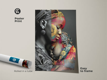 This poster print features 'Mother and Child' artwork. The abstract expressionist art is easy to frame. It is rolled in a tube for protection. The african patterned canvas print adds to contemporary wall decor. The gold red and teal colors make it perfect for eclectic home interiors. Enjoy this family love art print.