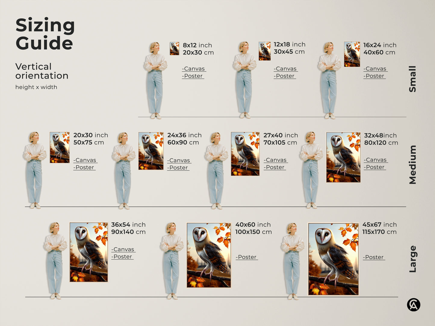 Sizing guide displaying barn owl artwork in various sizes. The vertical orientation comes in canvas and poster options. Find the perfect fit for your space. Ideal for rustic autumn decor.