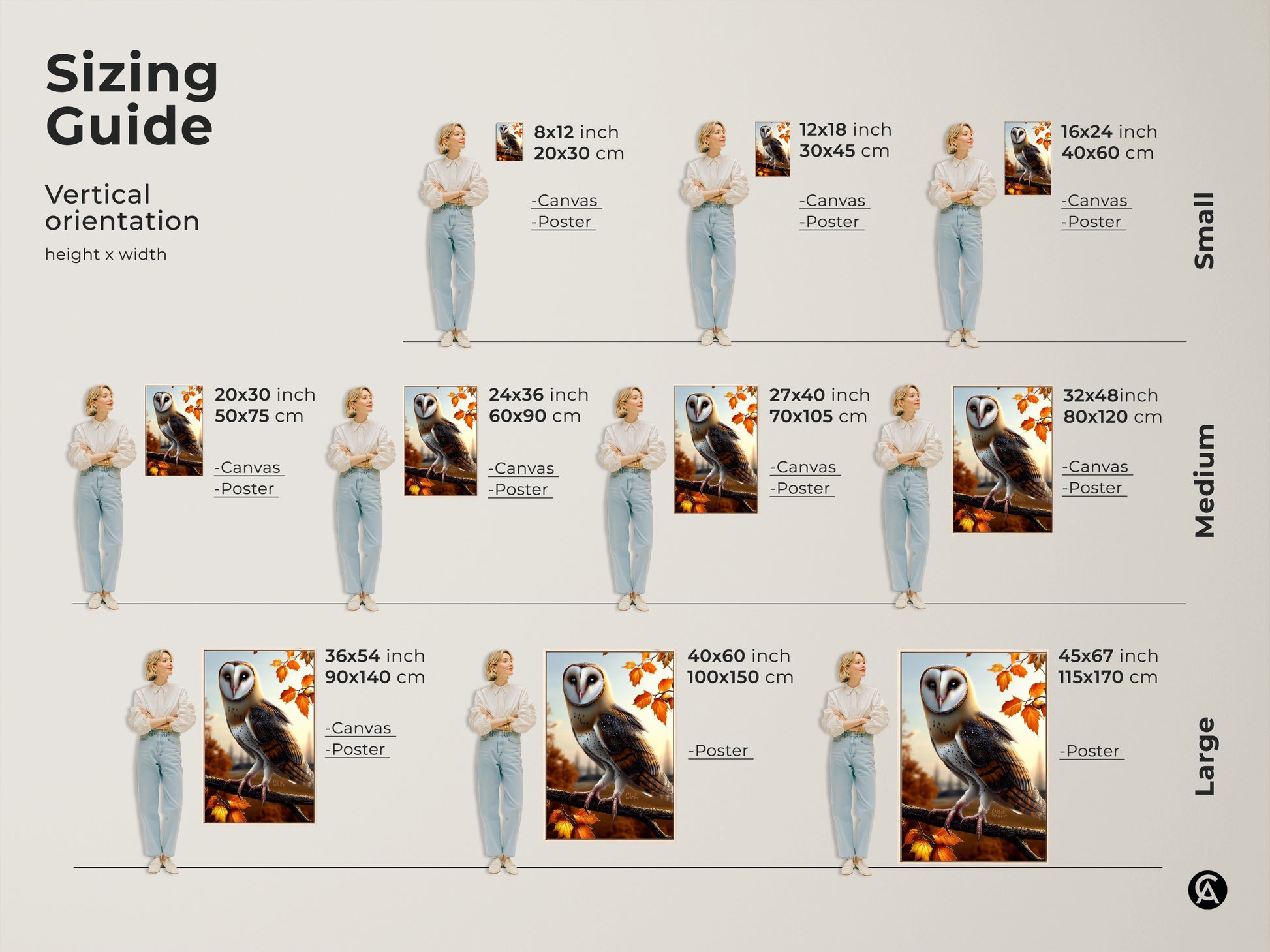 Sizing guide displaying barn owl artwork in various sizes. The vertical orientation comes in canvas and poster options. Find the perfect fit for your space. Ideal for rustic autumn decor.