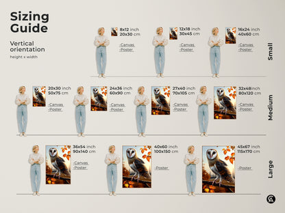 Sizing guide displaying barn owl artwork in various sizes. The vertical orientation comes in canvas and poster options. Find the perfect fit for your space. Ideal for rustic autumn decor.