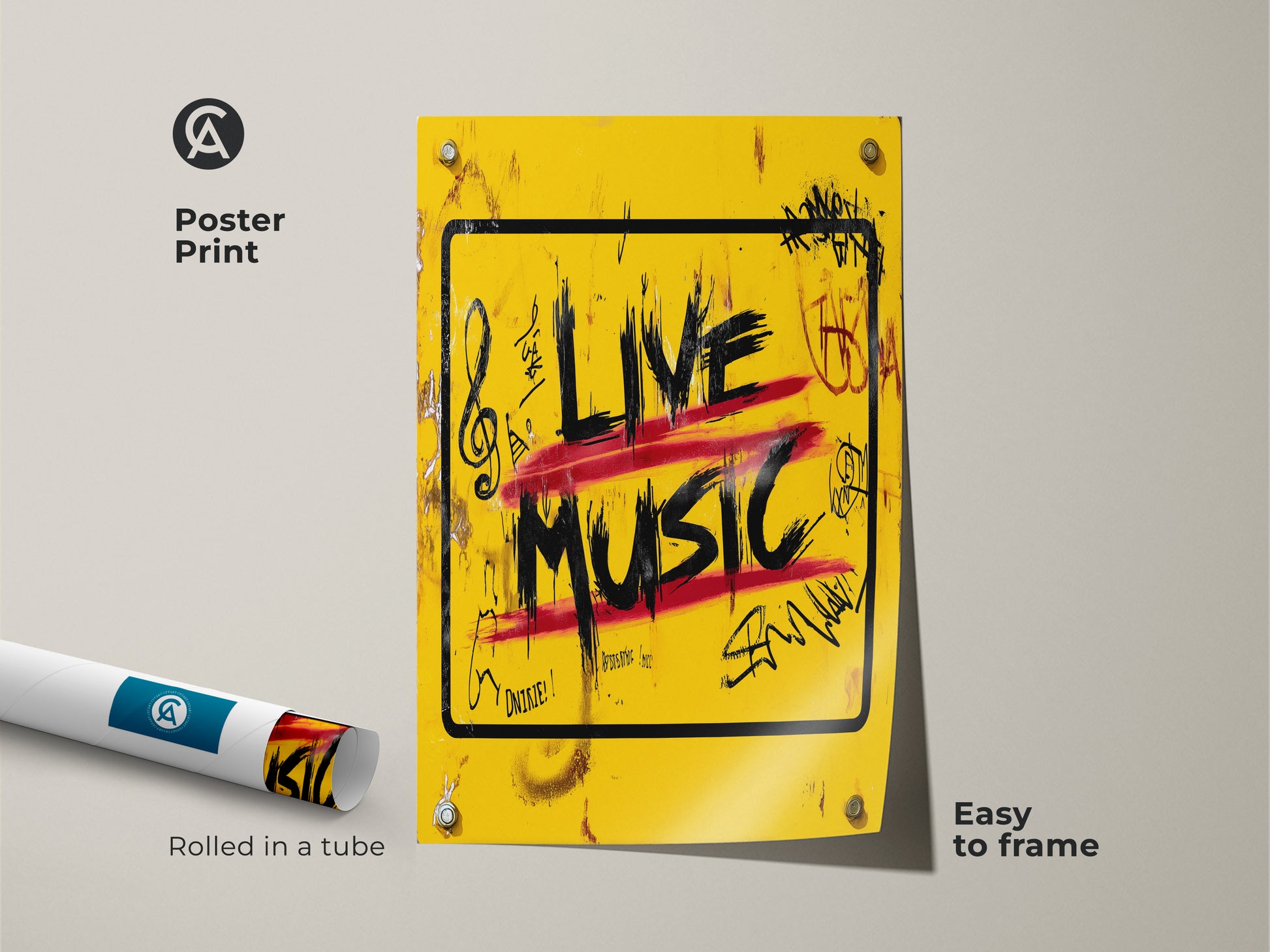 This 'Live Music' poster print features a striking graffiti art style perfect for music lovers. Rolled in a tube for easy framing this museum-quality paper print showcases bold yellow and red accents. Ideal music room wall decor adds a vibrant urban touch to any space.