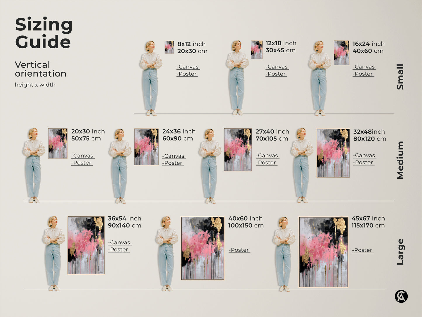 Sizing guide for vertical modern abstract artwork. See how pink black and gold leaf canvas and posters look in various sizes. Ranging from small 8x12 to large 45x67 inches. Visualize the impact of this contemporary textured painting in your home or office. Find the perfect fit for your eclectic wall decor needs.
