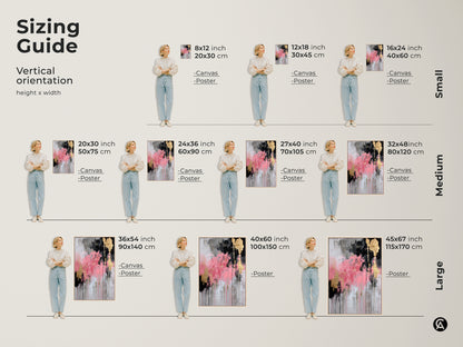 Sizing guide for vertical modern abstract artwork. See how pink black and gold leaf canvas and posters look in various sizes. Ranging from small 8x12 to large 45x67 inches. Visualize the impact of this contemporary textured painting in your home or office. Find the perfect fit for your eclectic wall decor needs.