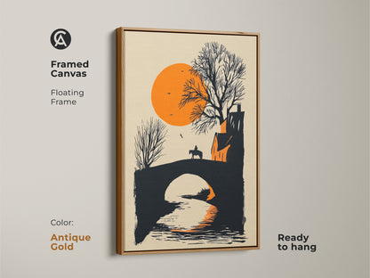 Framed canvas featuring a horse rider on a bridge at sunset with an antique gold floating frame. Ready to hang this minimalist landscape artwork adds elegance. The orange and black print brings a modern farmhouse touch. Great gift for travelers. Elevate your home decor with this artistic piece.