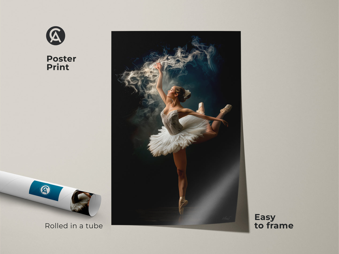 Ballerina poster print rolled in a tube. Easy to frame this museum-quality paper print showcases a beautiful dancer with a magical smoke effect. Ideal for dance enthusiasts seeking an affordable art solution. Frame it to match your decor.
