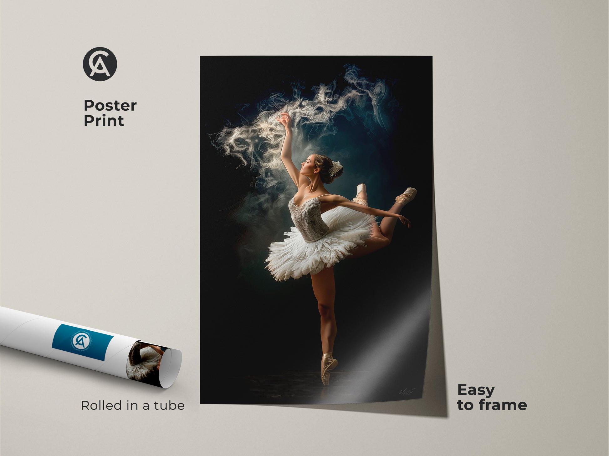 Ballerina poster print rolled in a tube. Easy to frame this museum-quality paper print showcases a beautiful dancer with a magical smoke effect. Ideal for dance enthusiasts seeking an affordable art solution. Frame it to match your decor.