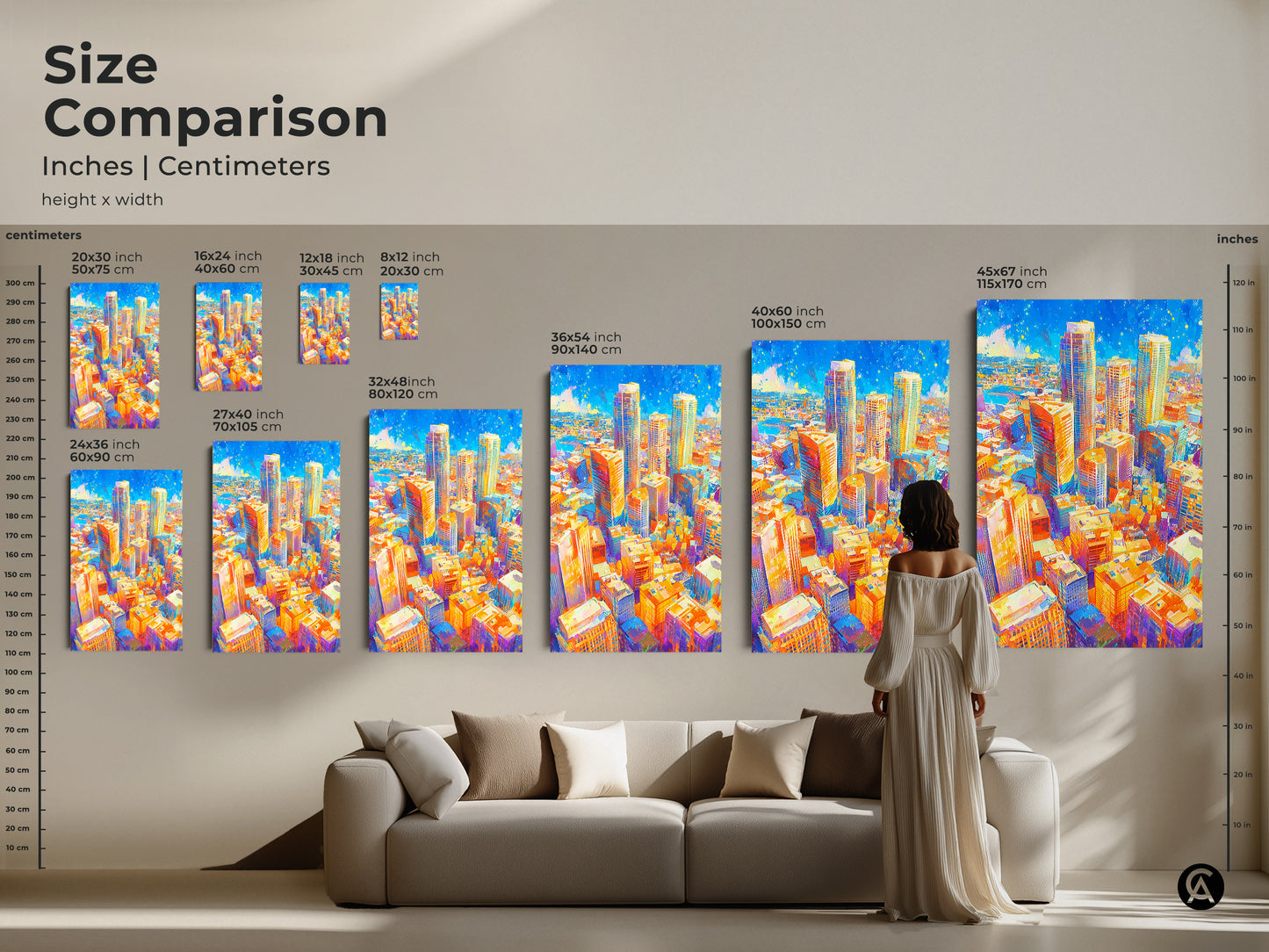 Size comparison of cityscape art prints in inches and centimeters. See how the artwork looks in various sizes above a sofa. Choose the ideal dimensions for your space. Available as canvas or poster prints. This artwork can transform your living room.