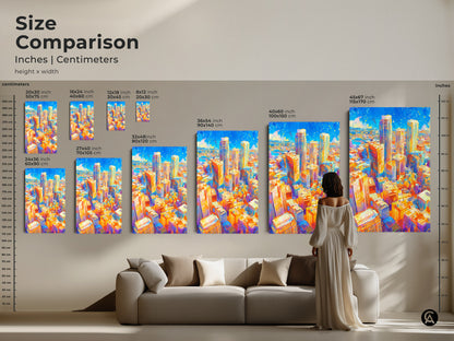 Size comparison of cityscape art prints in inches and centimeters. See how the artwork looks in various sizes above a sofa. Choose the ideal dimensions for your space. Available as canvas or poster prints. This artwork can transform your living room.