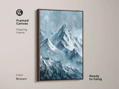 Framed mountain art on canvas with a brown floating frame. The snow-capped peaks create a calming atmosphere. Elevate your home decor with this beautiful landscape artwork ready to hang.
