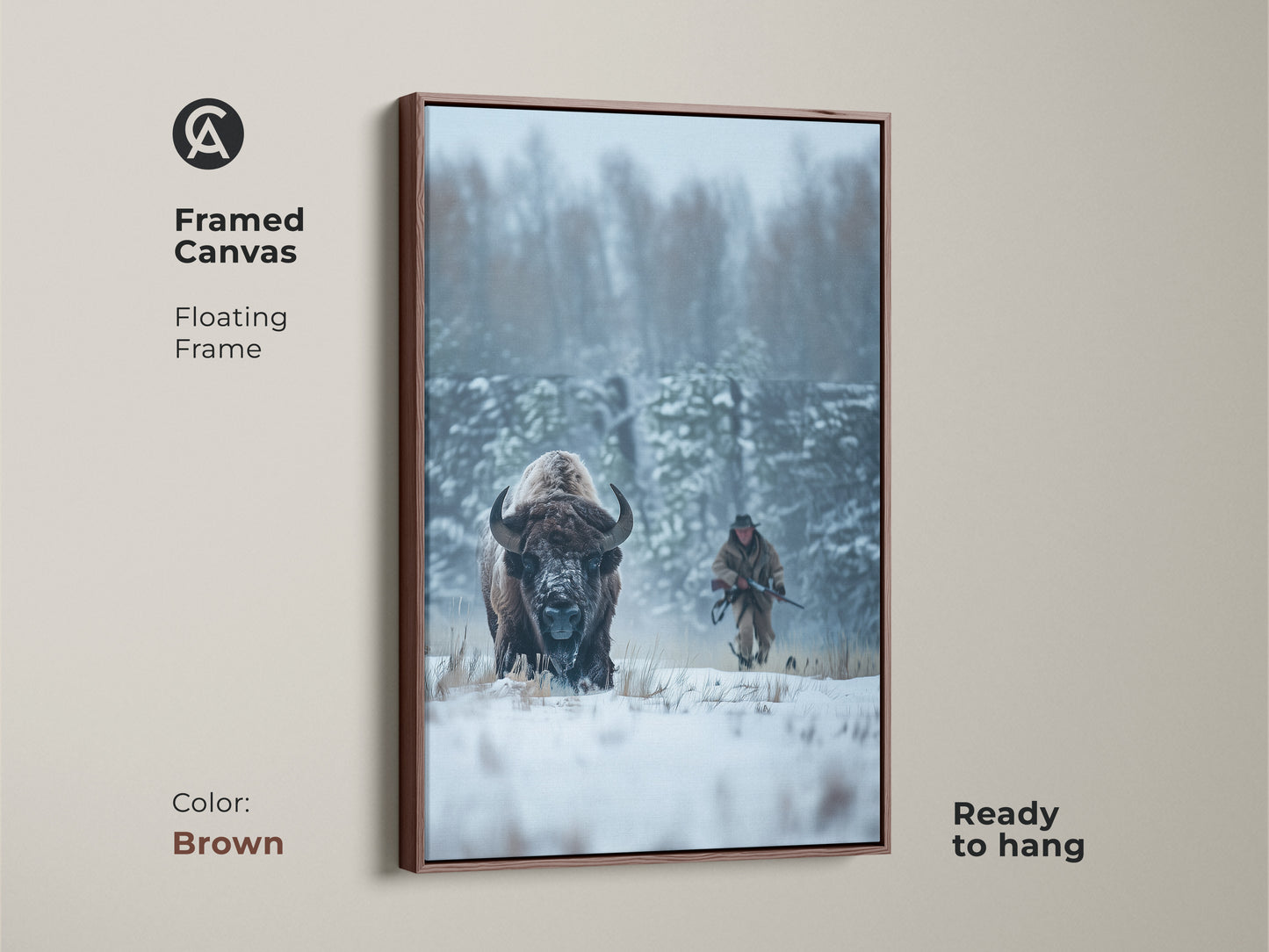 Framed canvas art of a bison in a snowy landscape with a hunter. The brown floating frame enhances the artwork's rustic charm. This piece is ready to hang. It adds a touch of nature to your decor. This is perfect for wildlife art enthusiasts.