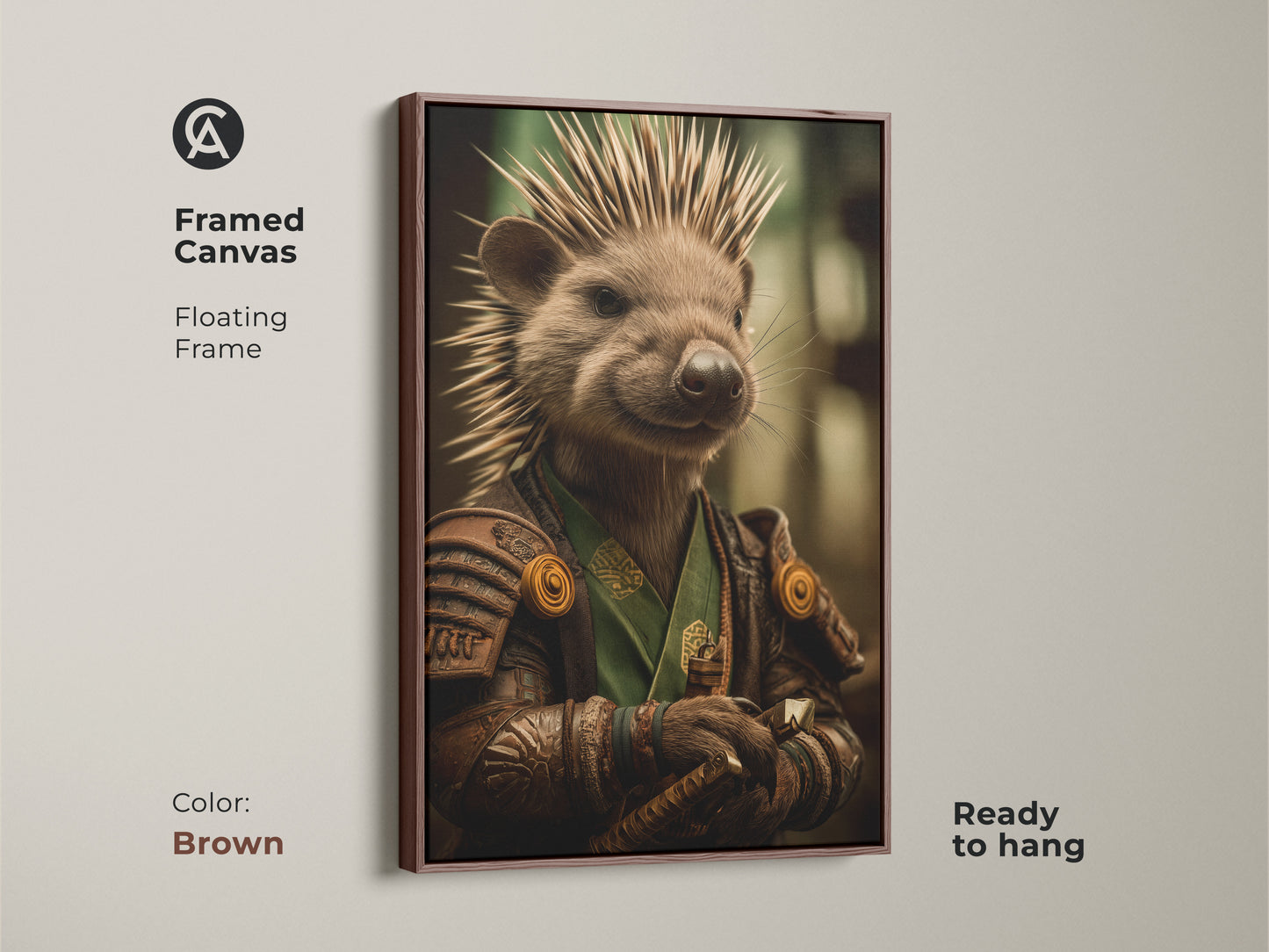 This brown framed canvas showcases a samurai hedgehog ready to hang. Display this unique fantasy animal warrior art in your office. Its detailed woodland decor will enhance your space.