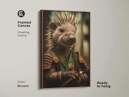This brown framed canvas showcases a samurai hedgehog ready to hang. Display this unique fantasy animal warrior art in your office. Its detailed woodland decor will enhance your space.