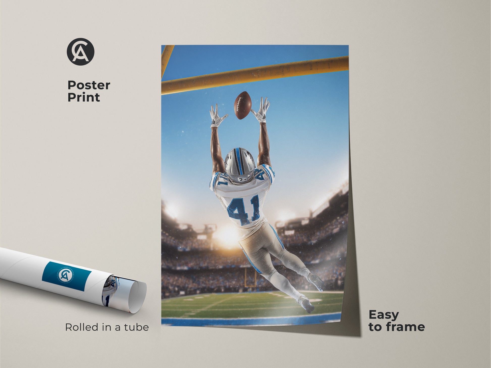 Get this football catch poster print for easy framing. Rolled in a tube for protection. This sports fan gift print is a perfect addition to any sports enthusiast's collection.