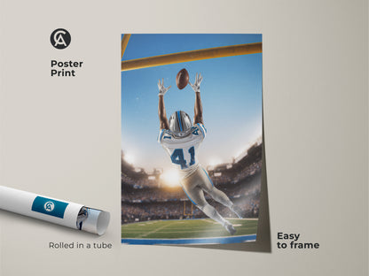 Get this football catch poster print for easy framing. Rolled in a tube for protection. This sports fan gift print is a perfect addition to any sports enthusiast's collection.
