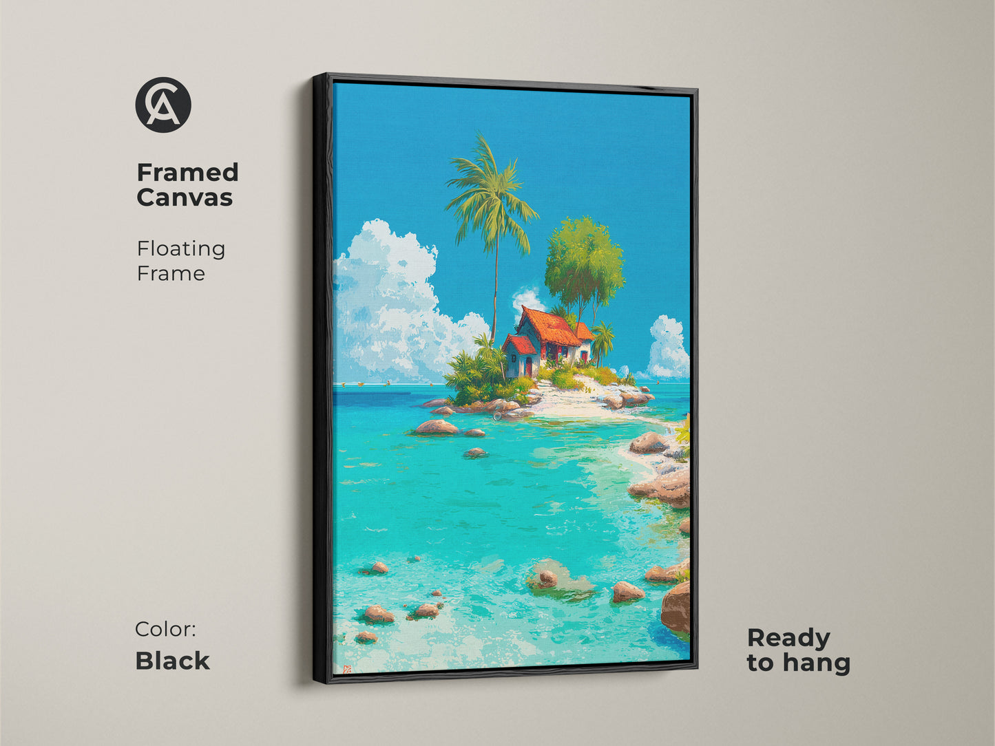 Framed canvas artwork with a black floating frame showcasing a tropical island scene. It features a quaint house palm tree and clear turquoise water. Ready to hang this framed art adds a touch of coastal charm to any space. The black frame enhances the vibrant colors.