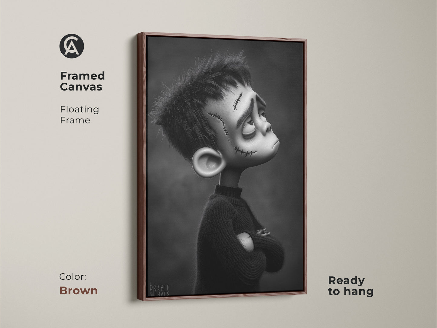 Framed canvas with a floating frame in brown showcasing a gothic Frankenstein boy. This ready-to-hang artwork is a unique gift. The black and white monster illustration complements eclectic home decor.