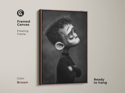 Framed canvas with a floating frame in brown showcasing a gothic Frankenstein boy. This ready-to-hang artwork is a unique gift. The black and white monster illustration complements eclectic home decor.