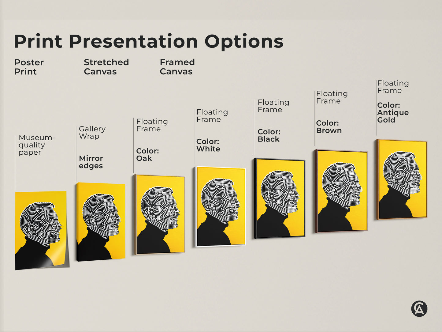 Explore print presentation options for the line art portrait. Options include poster prints stretched canvas and framed canvas. Choose from various floating frame colors. Find the perfect artwork to complement your home decor. Museum-quality art with gallery wrap and mirror edges.