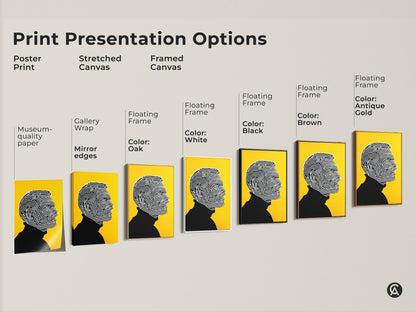 Explore print presentation options for the line art portrait. Options include poster prints stretched canvas and framed canvas. Choose from various floating frame colors. Find the perfect artwork to complement your home decor. Museum-quality art with gallery wrap and mirror edges.