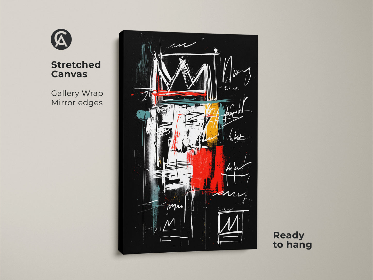 Stretched canvas print of an abstract crown artwork. The gallery wrap and mirror edges create a seamless museum-quality look. The black background enhances the vibrant colors and intricate details. Ready to hang and enjoy. Elevate your space with this modern masterpiece.